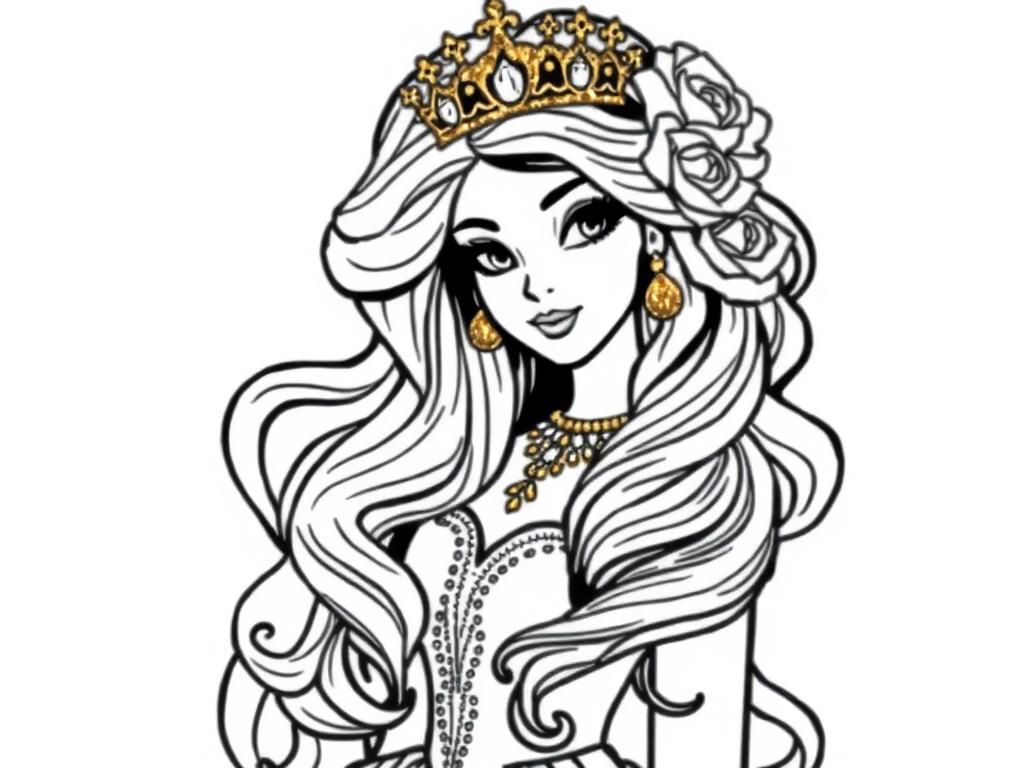 bw gorgeous princess with crown, full body golden glitter in the hair long curly. jewlery diamonds. really beautiful dress with glitter. glitter decorations in the hair. huge rose in the hair - Free Printable Coloring Page