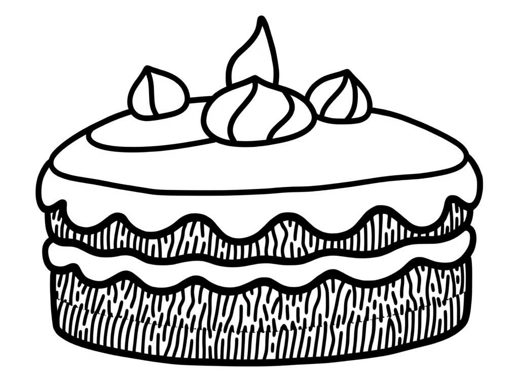 Cake Coloring Page with Frosting and Decorations