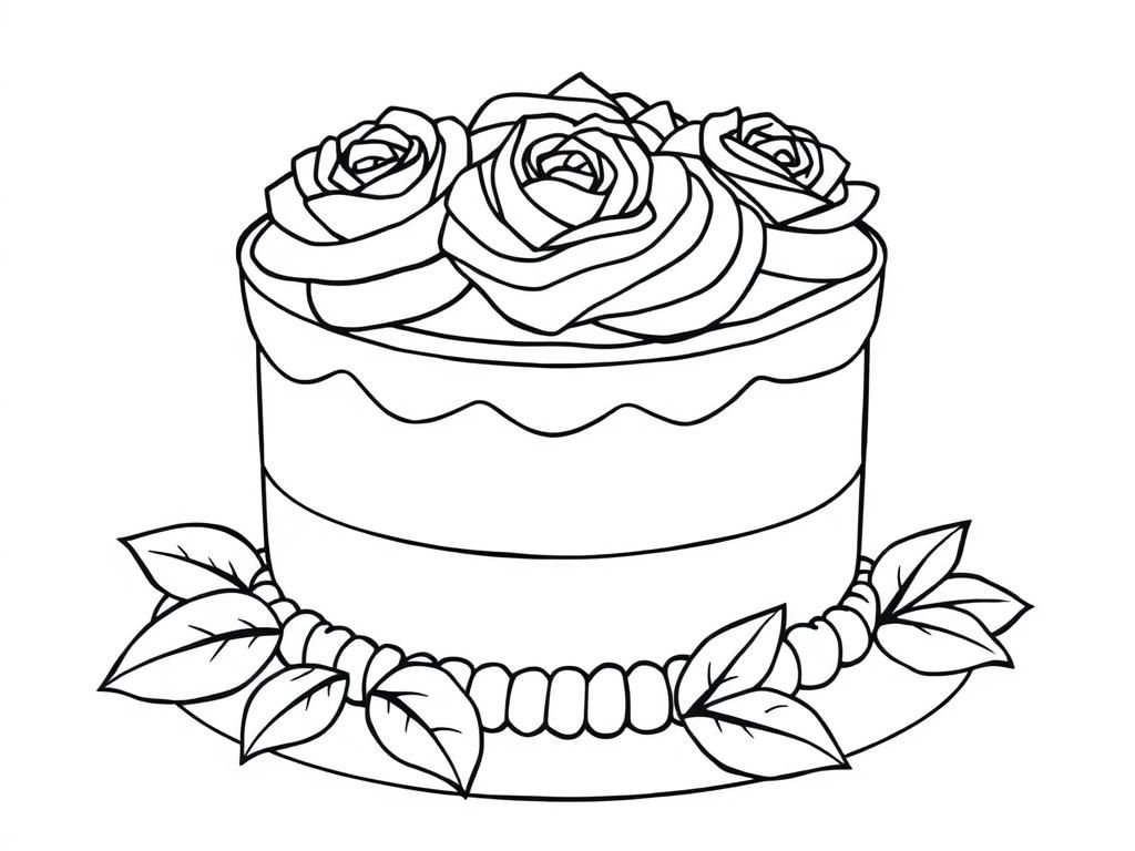 Coloring Page of a Rose-Adorned Cake