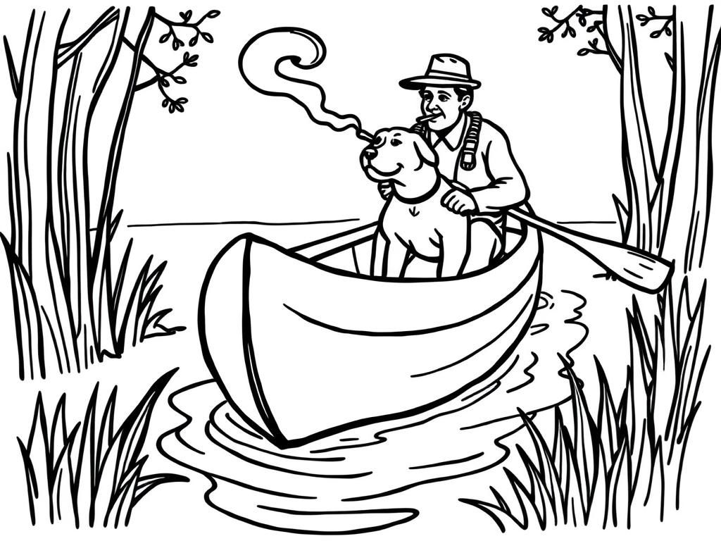 canoe with brown dog in the front and man smoking in the back