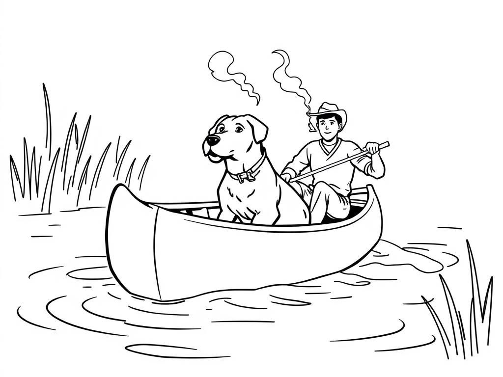 canoe with brown dog in the front and man smoking in the back