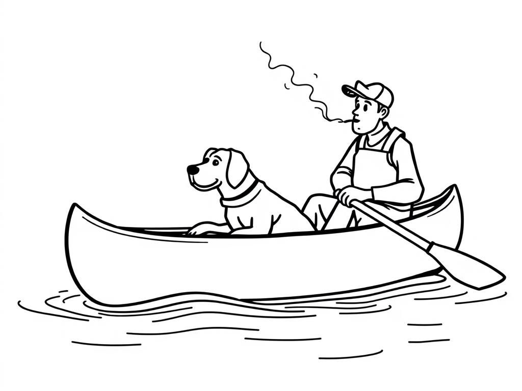 canoe with brown dog in the front and man smoking in the back