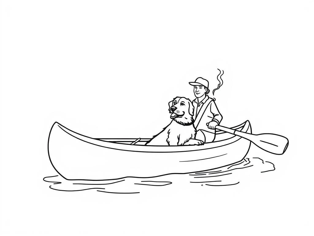 canoe with brown dog in the front and man smoking in the back