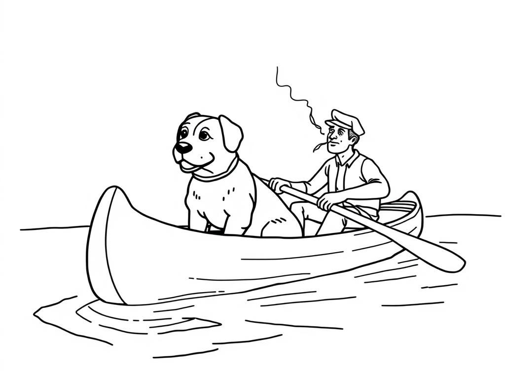 canoe with brown dog in the front and man smoking in the back