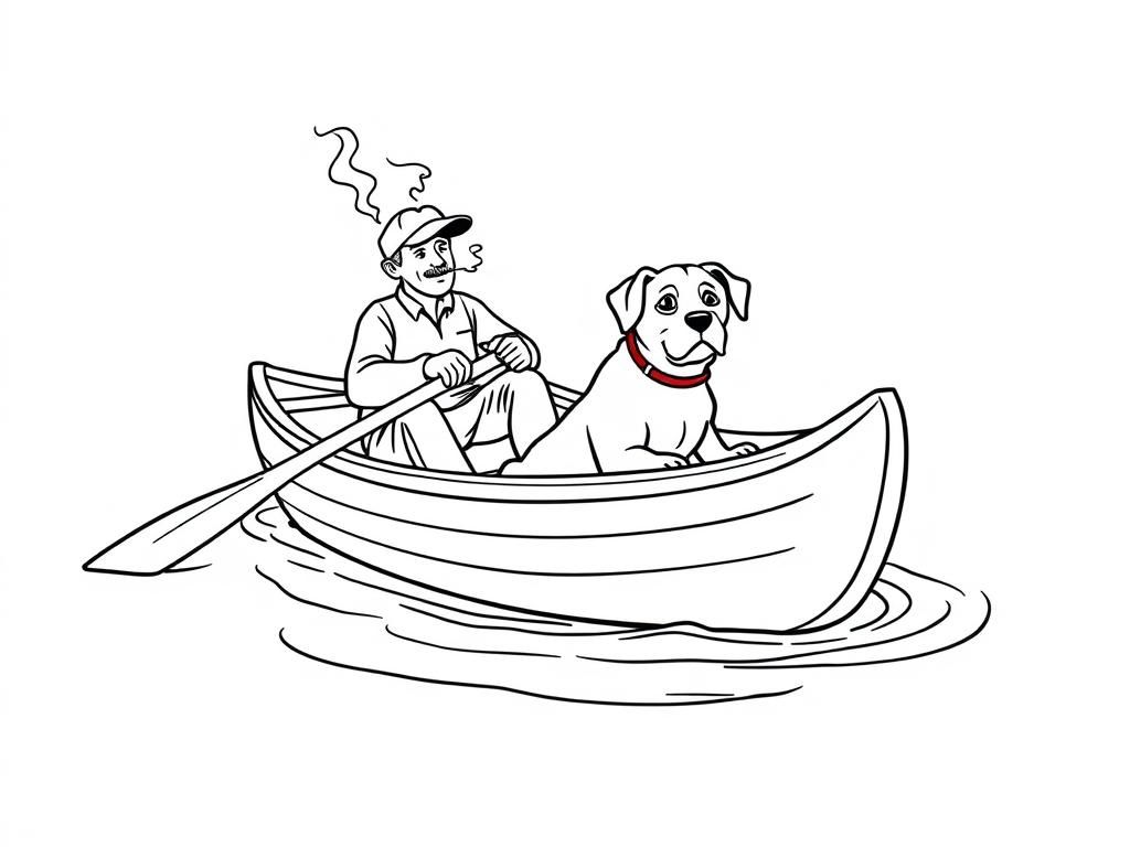 canoe with brown dog in the front and man smoking in the back