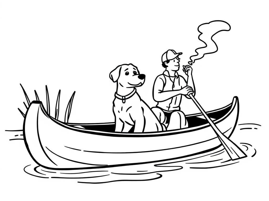 canoe with brown dog in the front and man smoking in the back