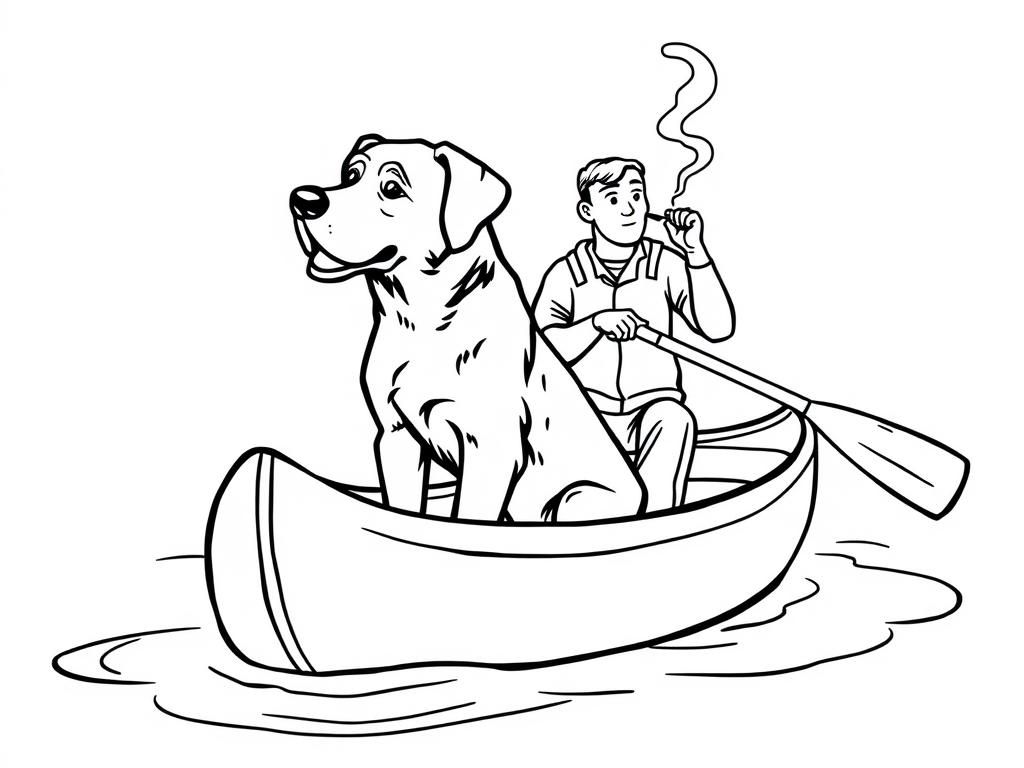 canoe with brown dog in the front and man smoking in the back