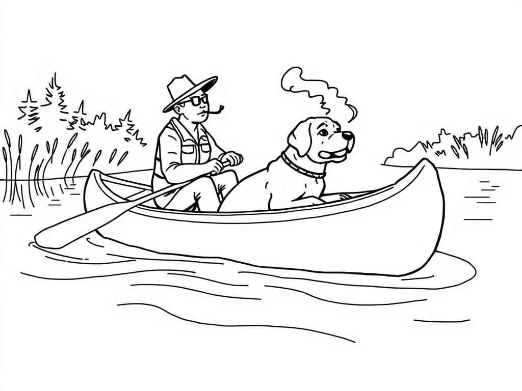 canoe with brown dog in the front and man smoking in the back