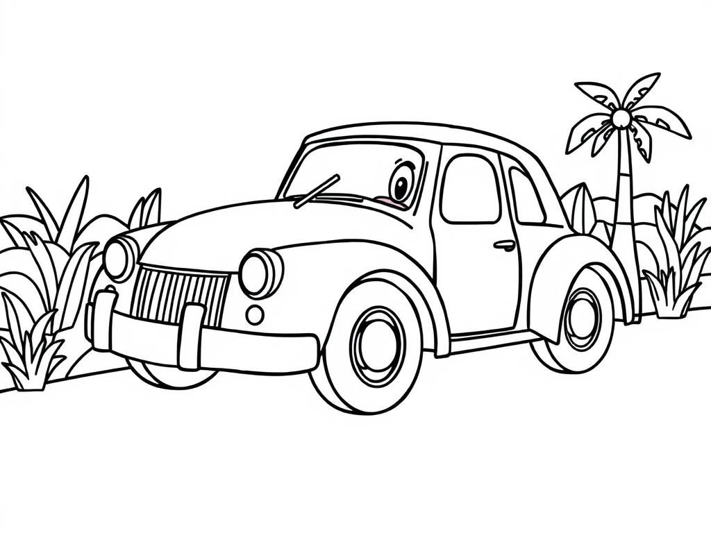 Vintage Car Tropical Coloring Page