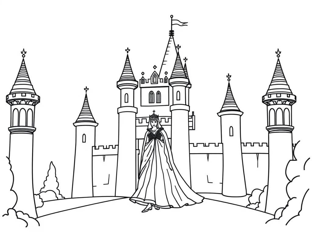 Queen in Front of Castle Coloring Page