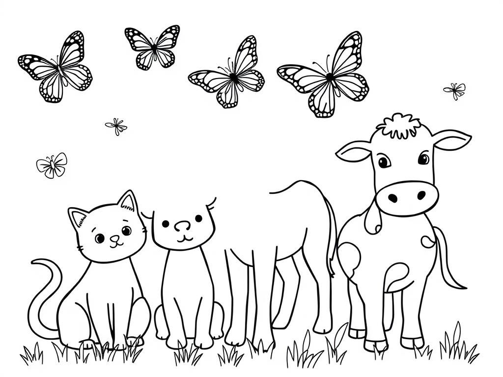 cat and dog and butterfly and a horse and a cow