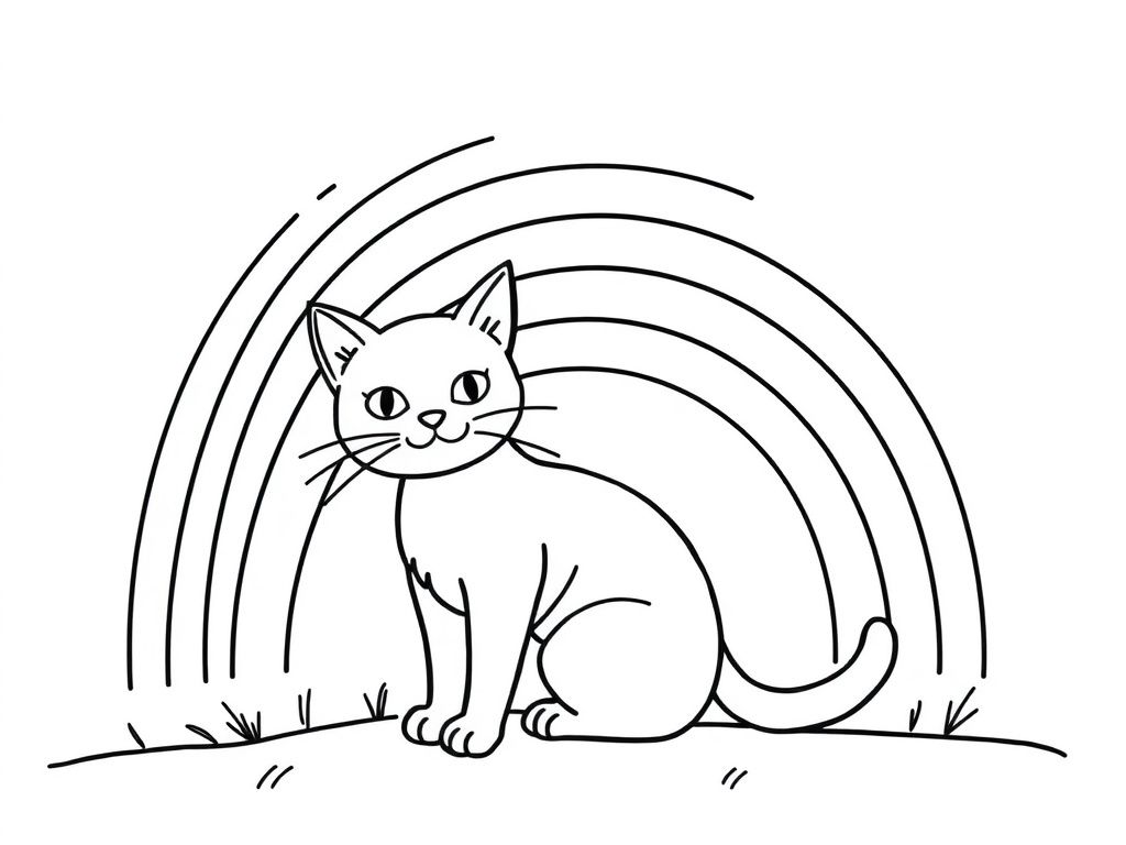 Cat and Rainbow Coloring Page