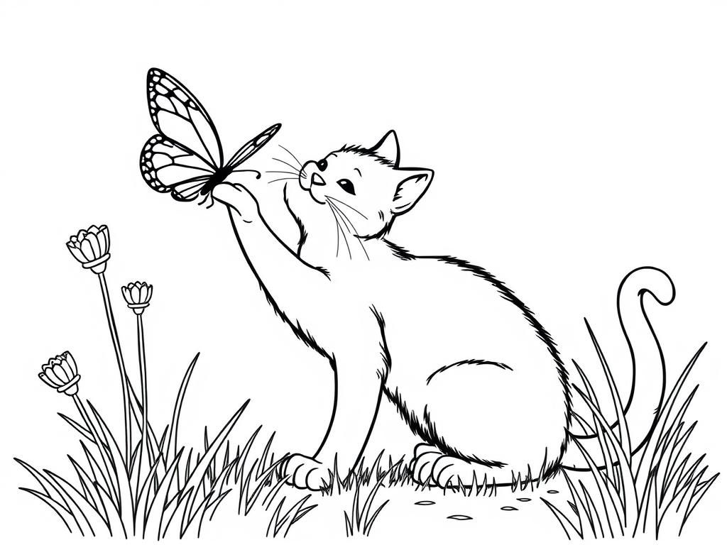 Cat and Butterfly Coloring Page