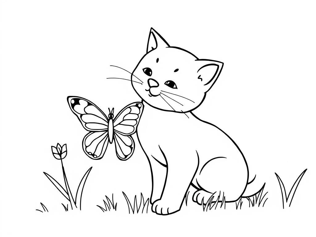 Cat and Butterfly Coloring Page