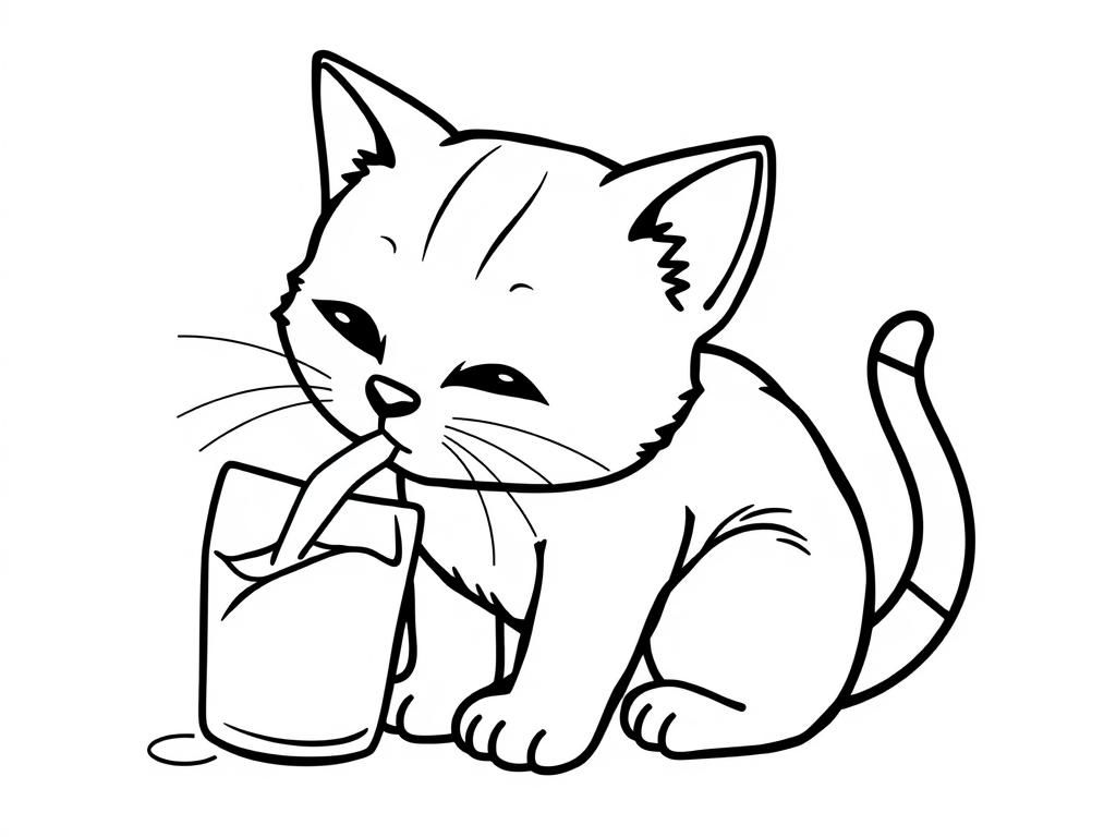 Cute Kitten Drinking Coloring Page