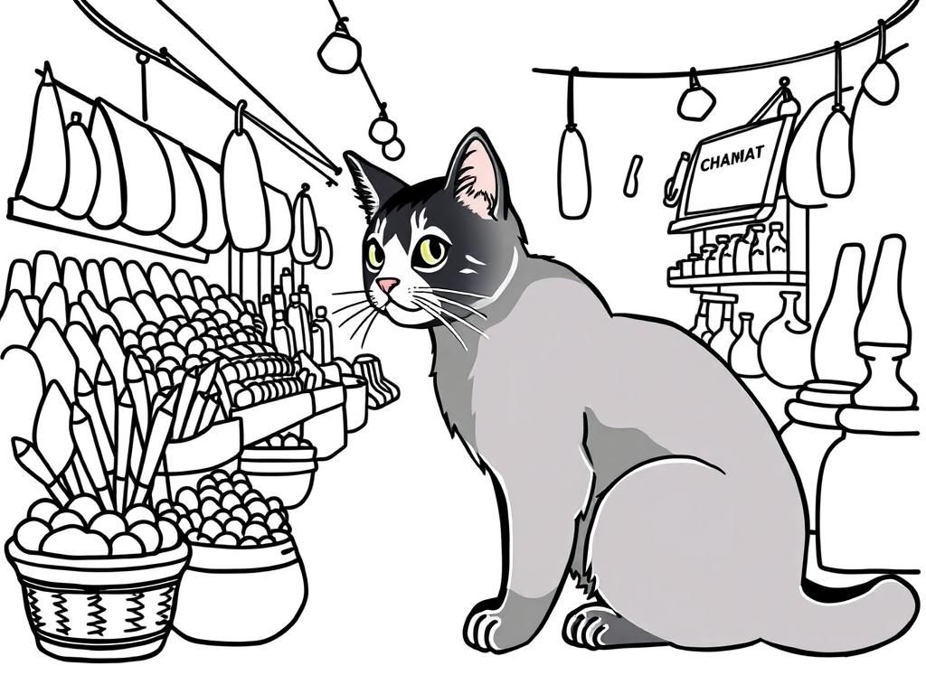 cat market - Free Printable Coloring Page