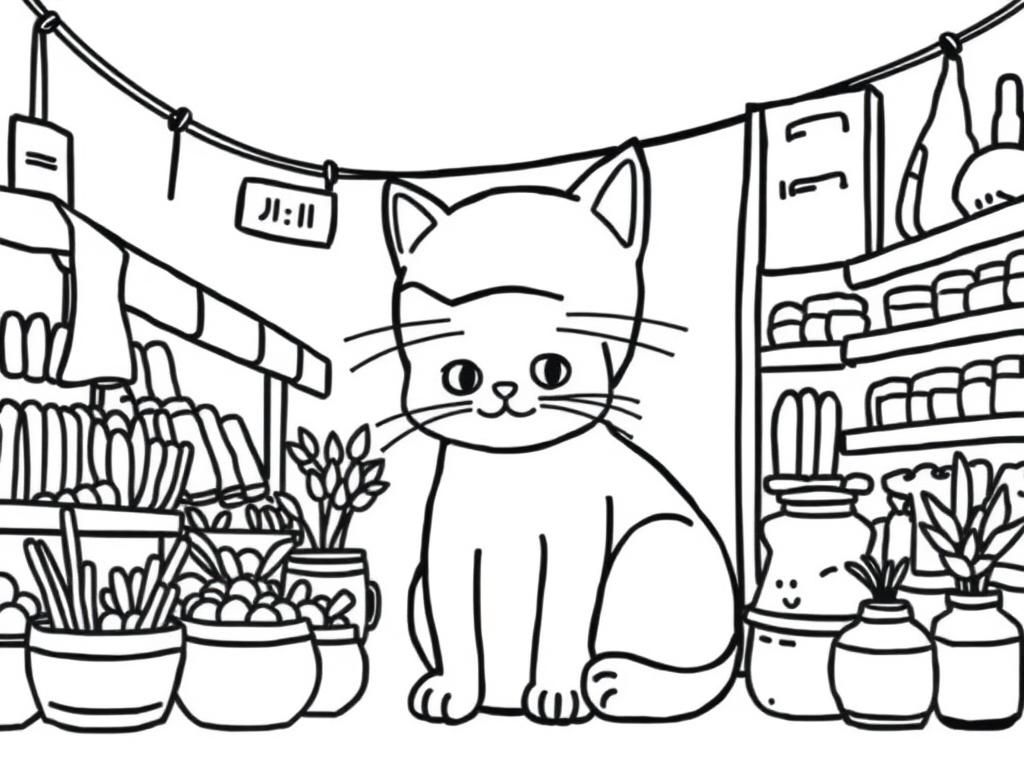 cat market - Free Printable Coloring Page