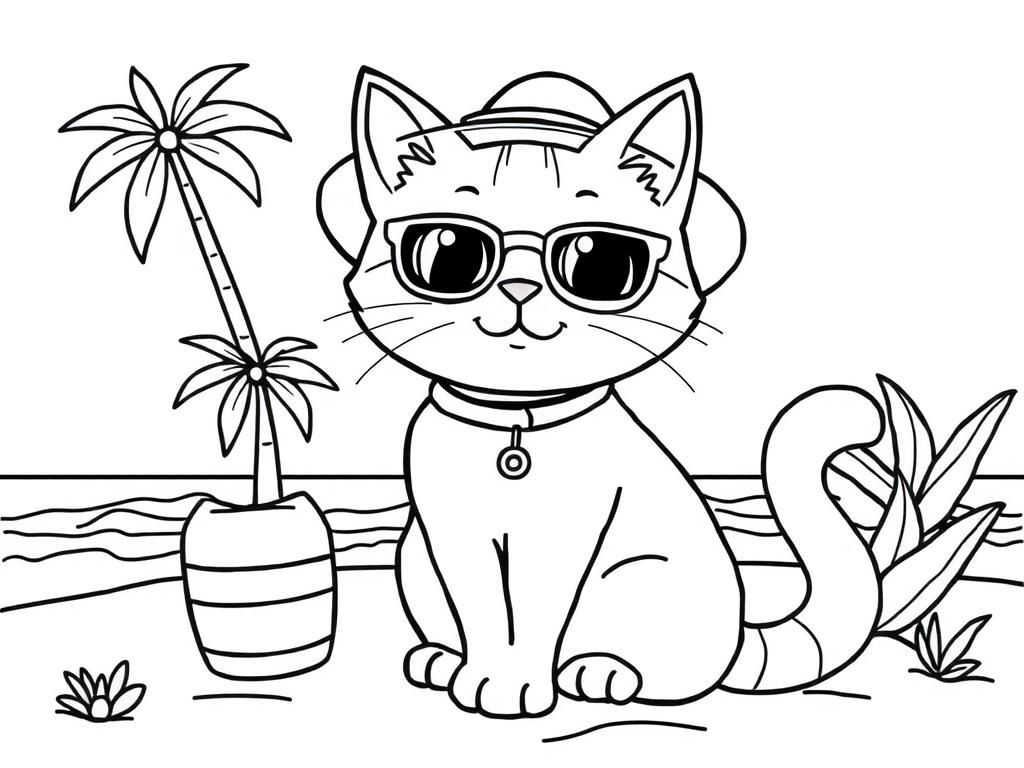 Cat on vacation - Free Printable Coloring Page
