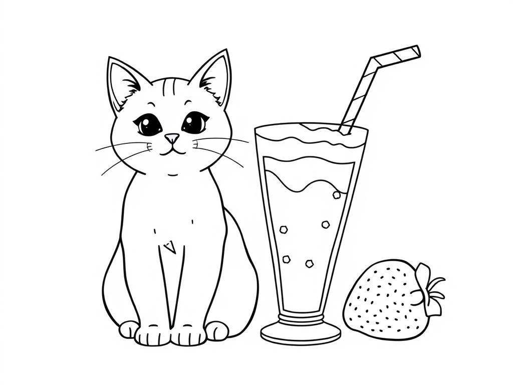 cat sitting next to a strawberry milkshake - Free Printable Coloring Page