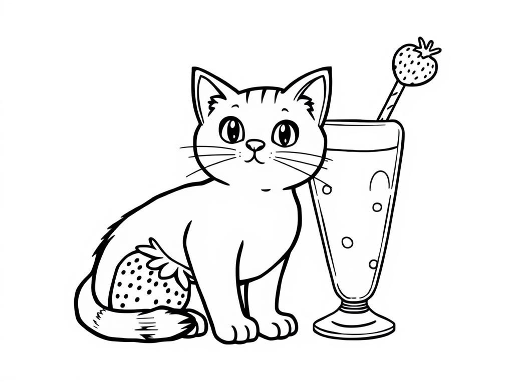 cat sitting next to strawberry milkshake - Free Printable Coloring Page