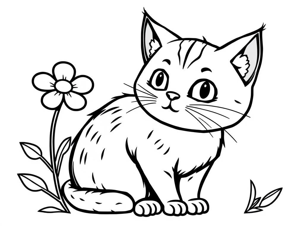 Cat with flower - Free Printable Coloring Page