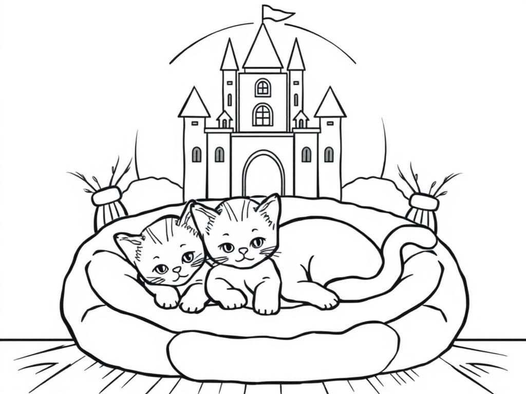 Kittens in Castle Bed Coloring Page