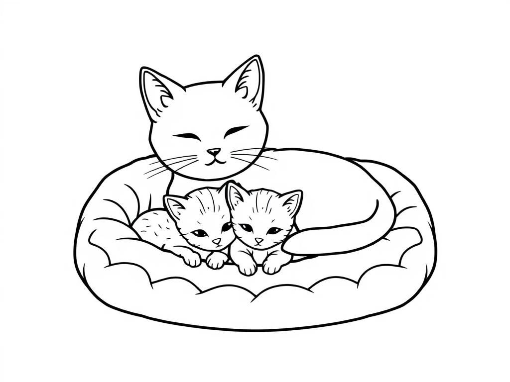 Mother Cat and Kittens Coloring Page