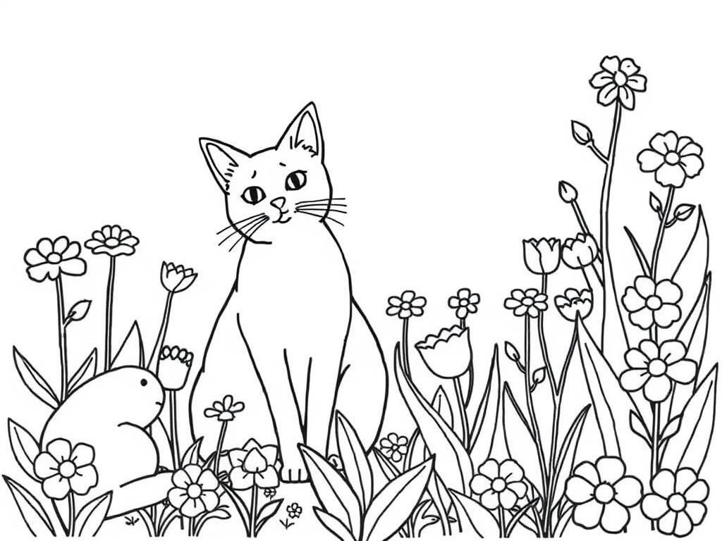 Cats, flowers, garden - Free Printable Coloring Page