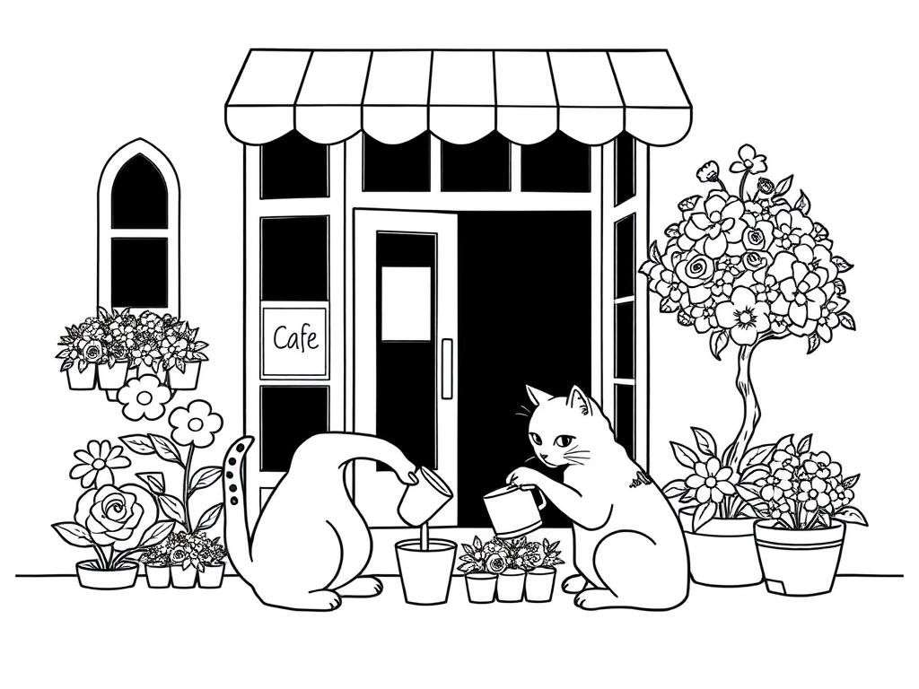 CATS WATERING FLOWERS OUTSIDE A CAFE - Free Printable Coloring Page