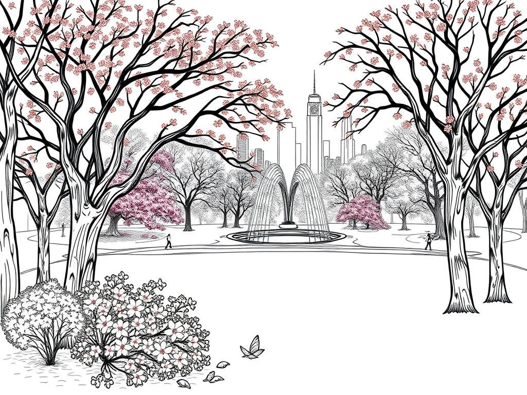 City Park Fountain Coloring Page