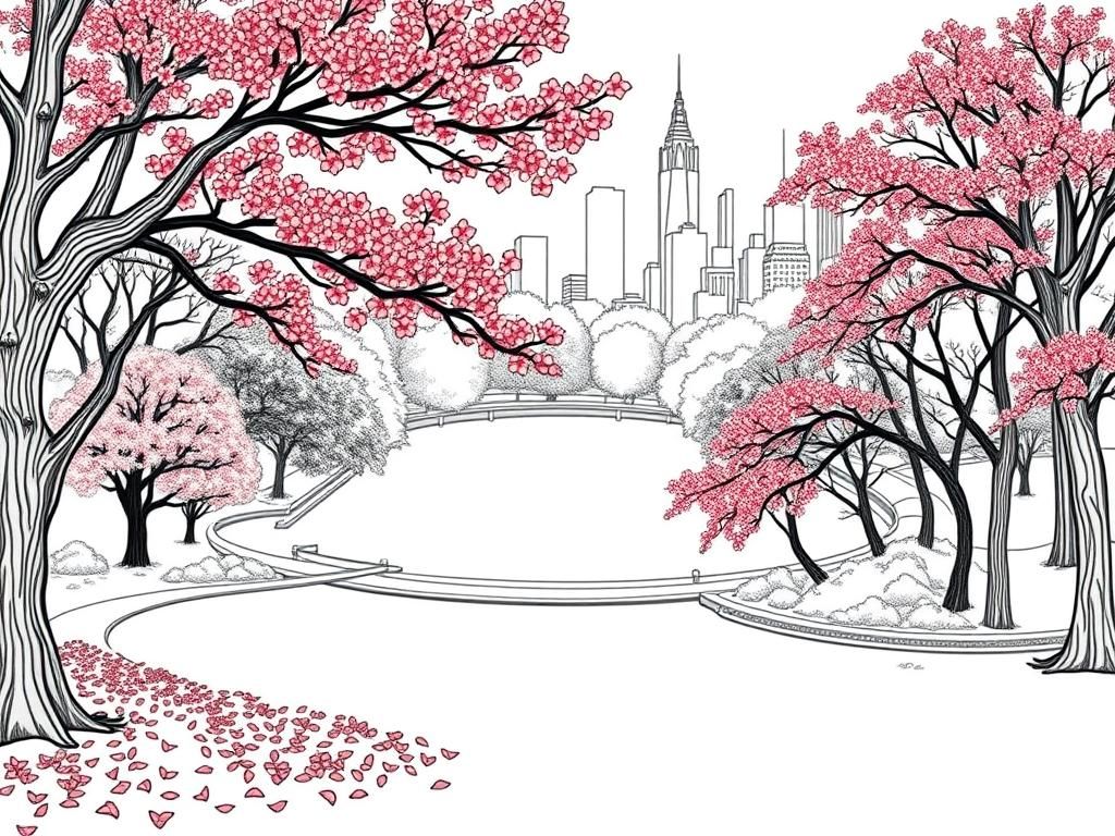 City Park with Cherry Blossoms Coloring Page