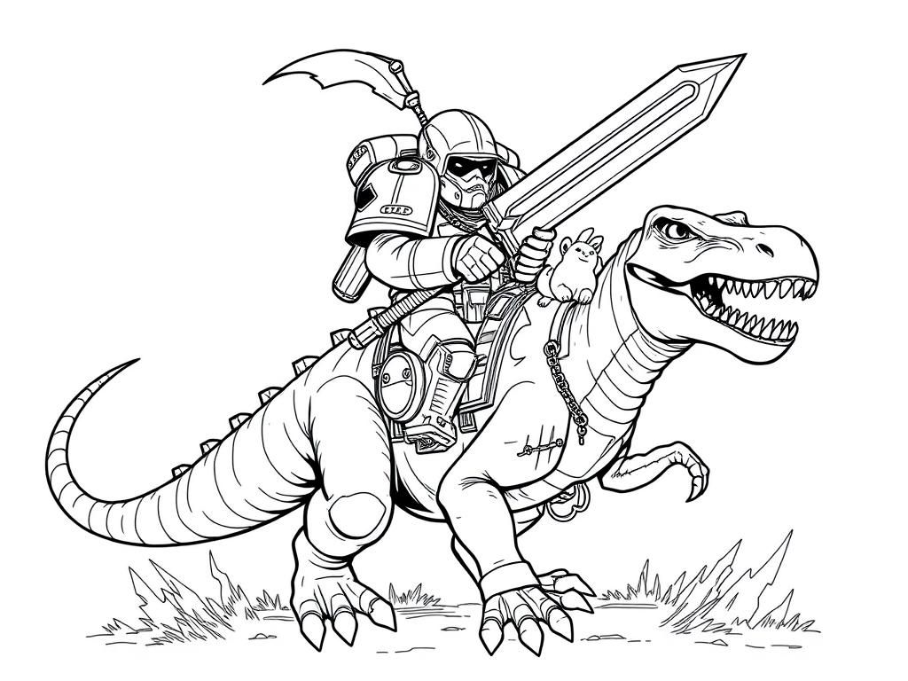 chaos space marine riding a velociraptor, holding a pet bunny and a power sword - Free Printable Coloring Page