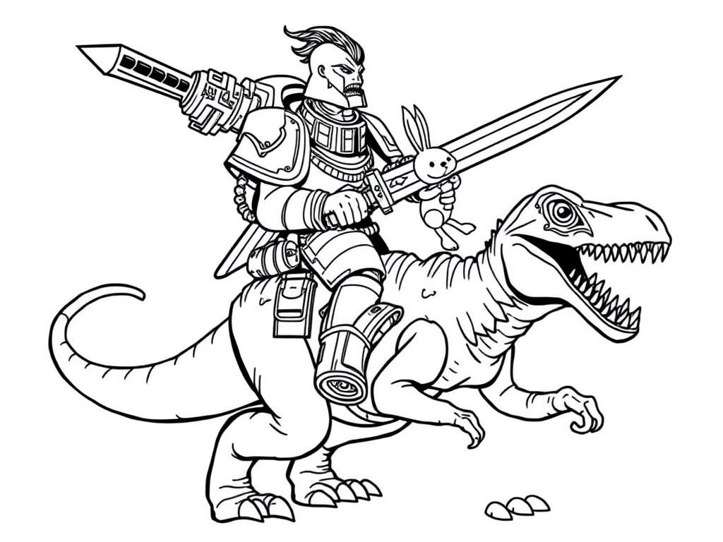 chaos space marine riding a velociraptor, holding a pet bunny and a power sword - Free Printable Coloring Page