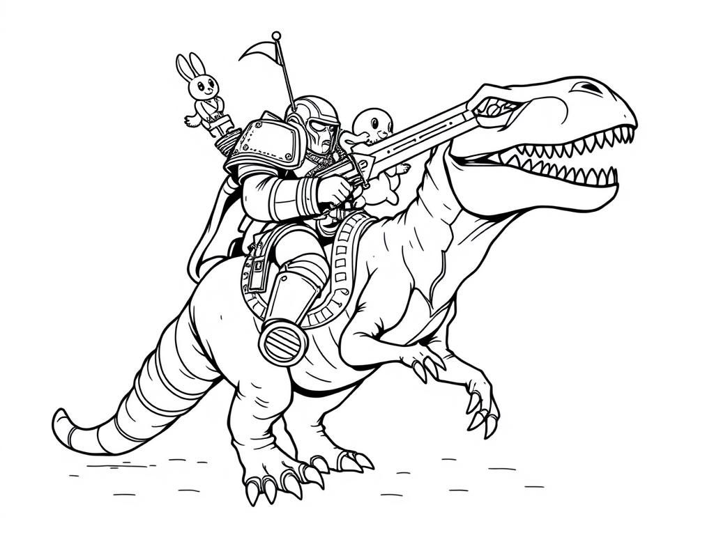 chaos space marine riding a velociraptor, holding a pet bunny and a power sword - Free Printable Coloring Page