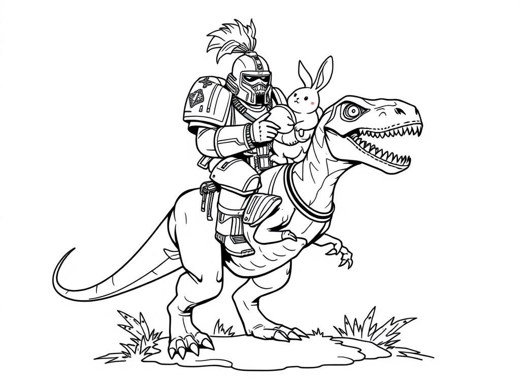 chaos space marine riding a velociraptor, holding a pet bunny - Free Printable Coloring Page