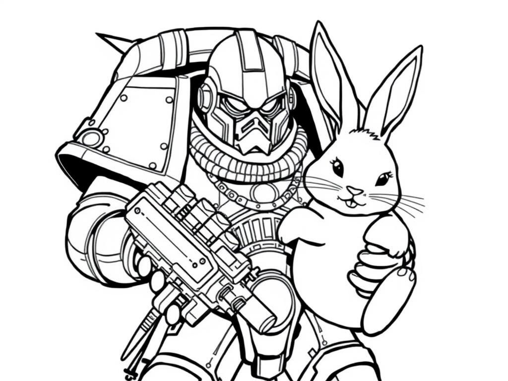 Robot Soldier with Bunny Coloring Page