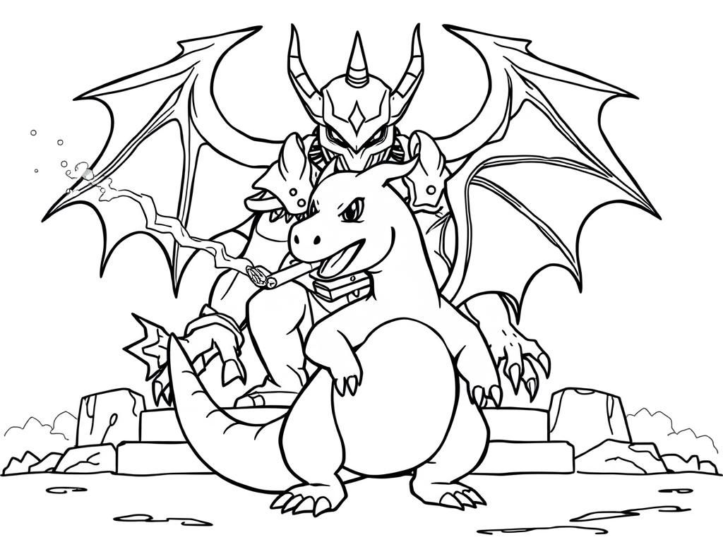 charizard smoking a blunt posing for a photo in front of a statue of Diablo