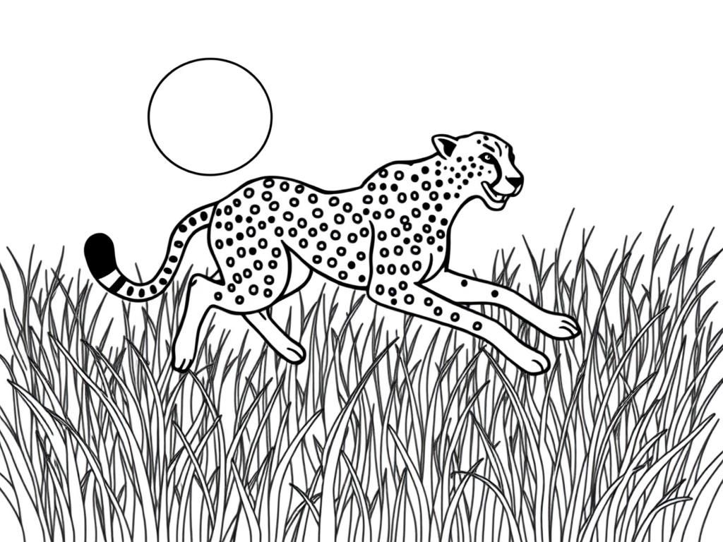 " cheetah with spots, , running through the grass. Background: a sunny savanna with tall grass and a glowing sun." - Free Printable Coloring Page