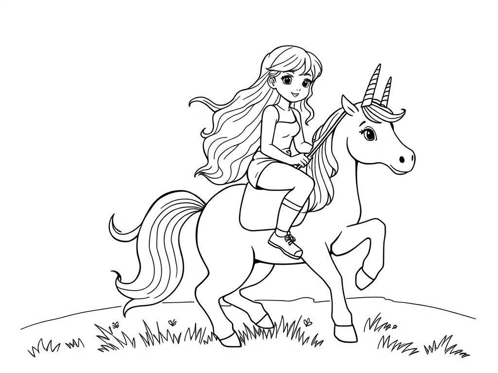 Girl Riding Unicorn Coloring Page