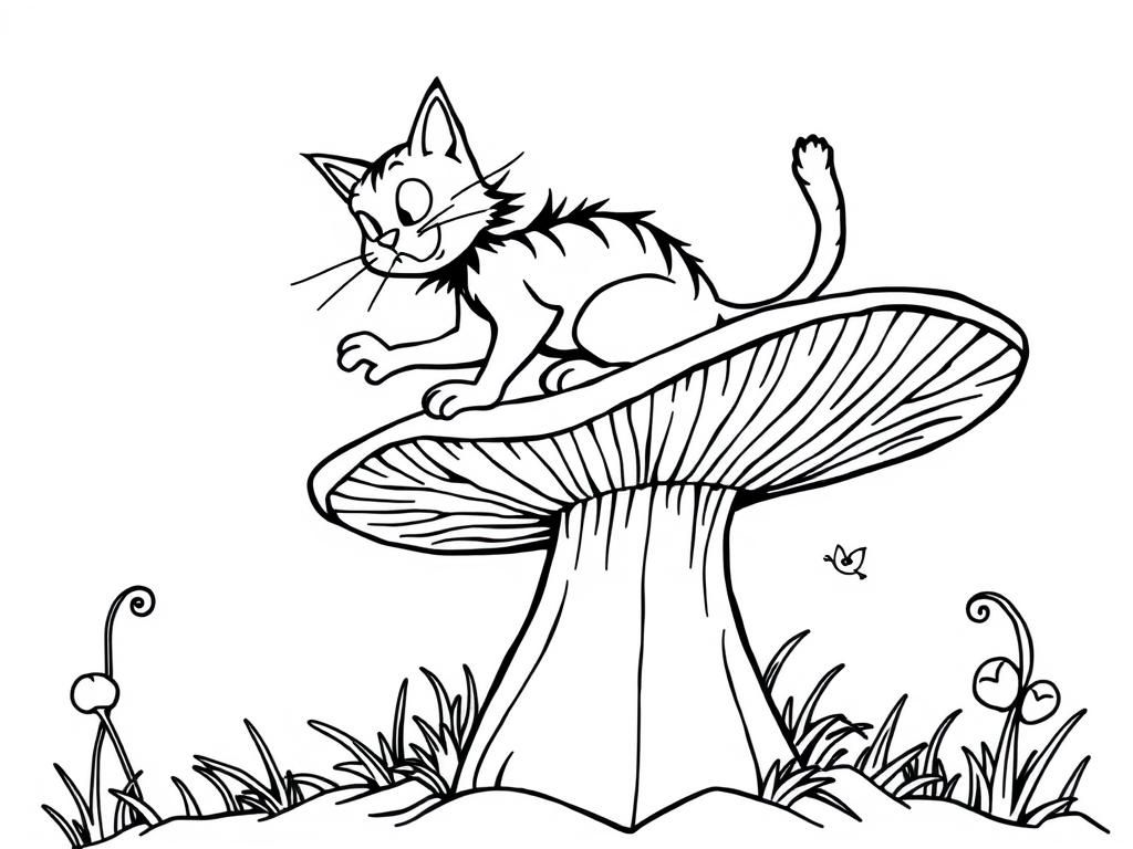 Cat on a Mushroom Coloring Page