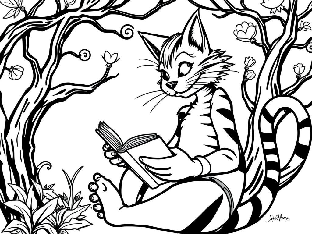 Cat Reading in a Tree Coloring Page