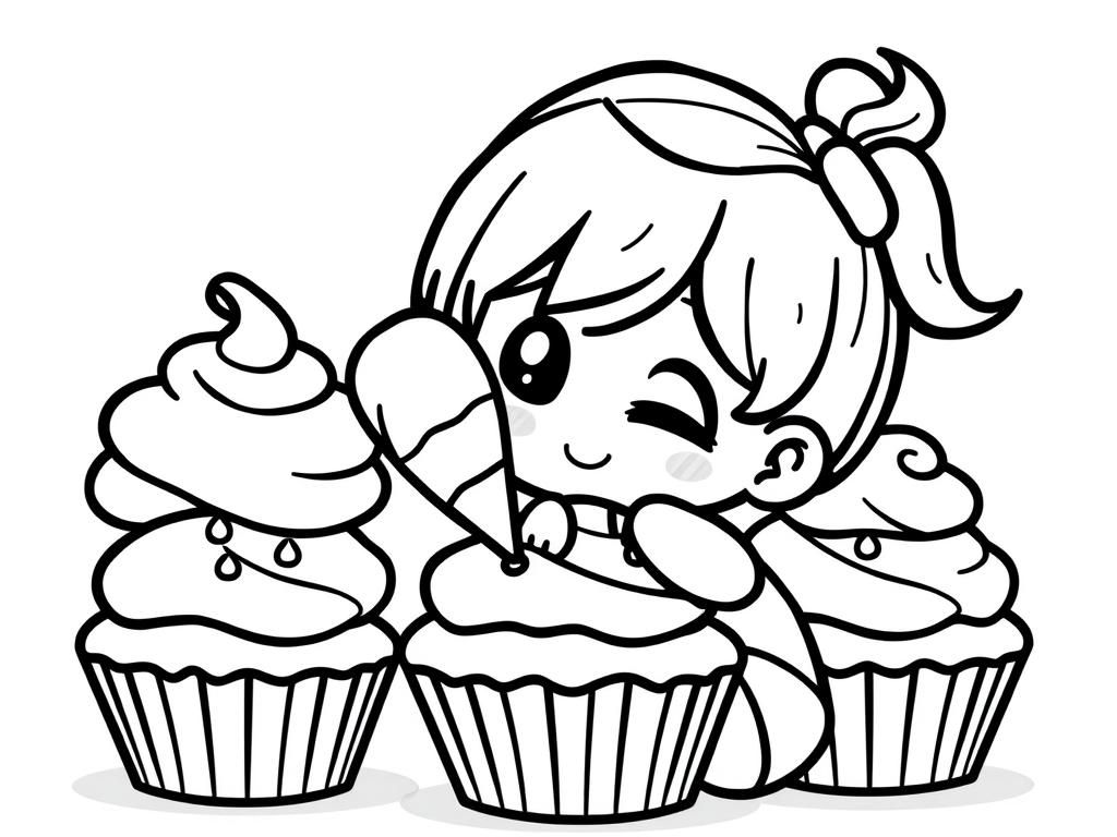 Coloring Page of a Happy Girl with Cupcakes