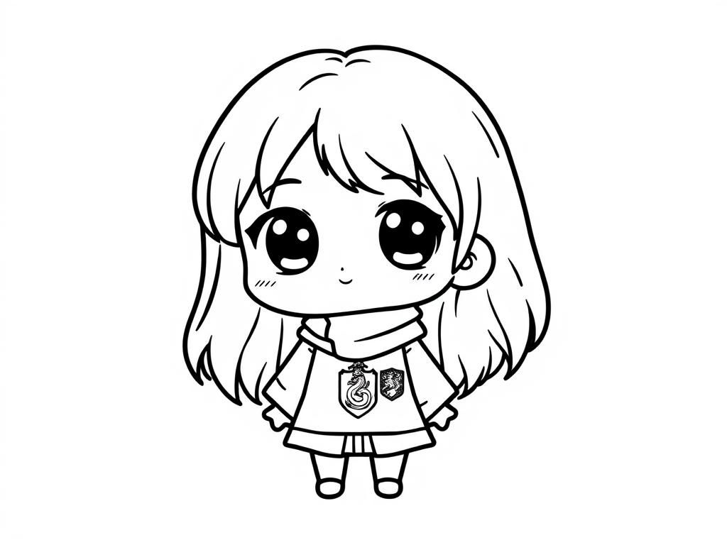 chibi hermione wearing hogwarts uniform with gryffindor insignia