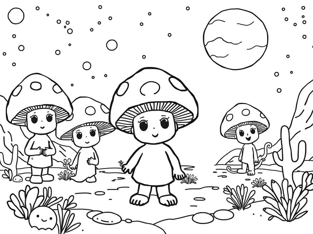 children dressed as mushrooms in a classroom scene in a desert scene underwater at night on mars