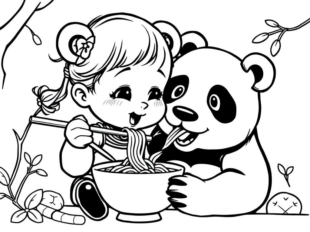 Panda Friendship Noodle Coloring Page