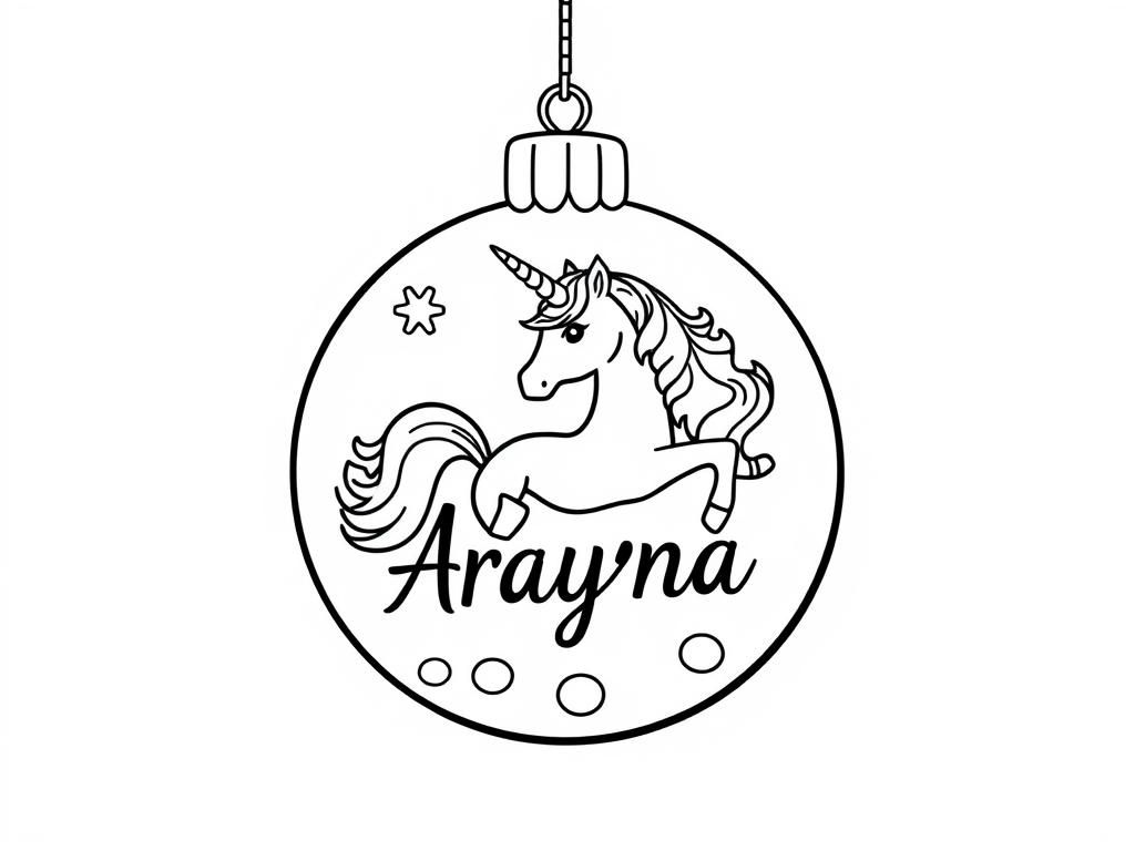 Christmas ball with unicorn and Arayna written on it.