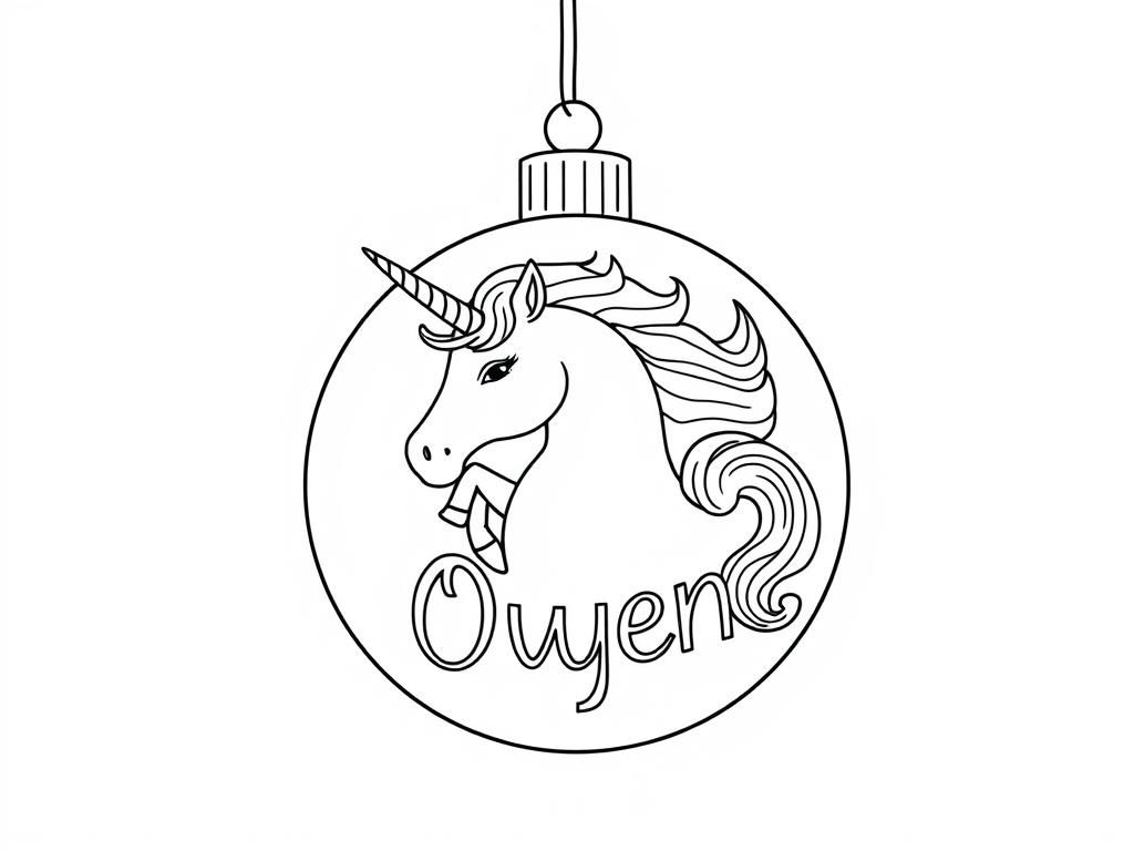 Preview of Christmas ball with unicorn and Owyn written on it.