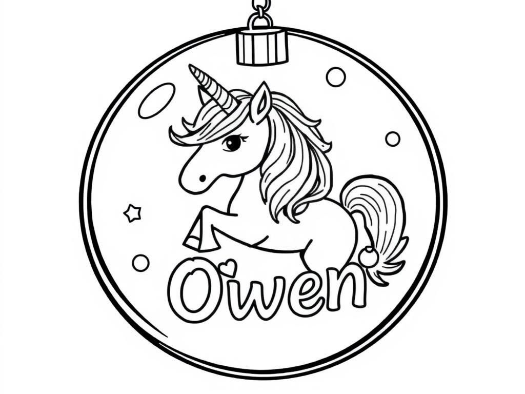 Preview of Christmas ball with unicorn and Owyn written on it.