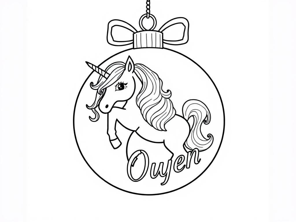 Preview of Christmas ball with unicorn and Owyn written on it.