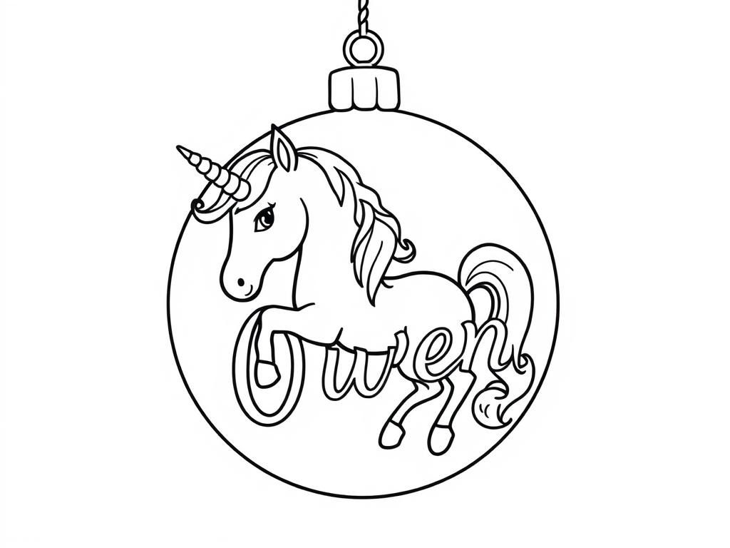 Preview of Christmas ball with unicorn and Owyn written on it.